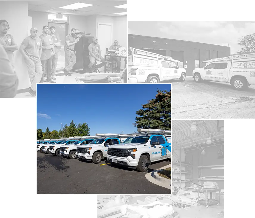 BH Garage Door technicians, service trucks and the Chicago shop